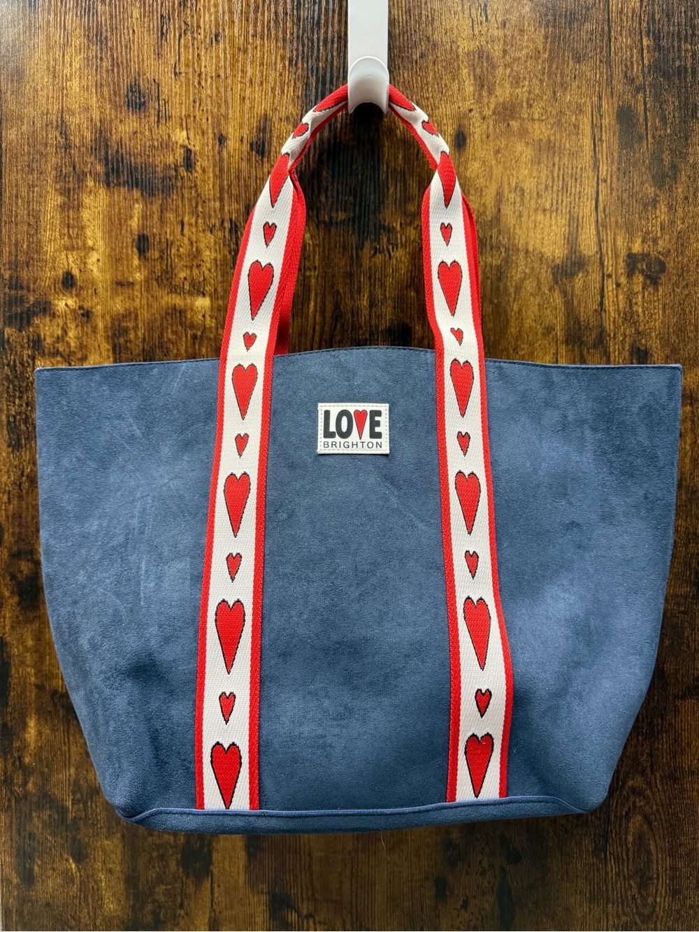 Brighton Navy Suede Tote with Red Heart Straps